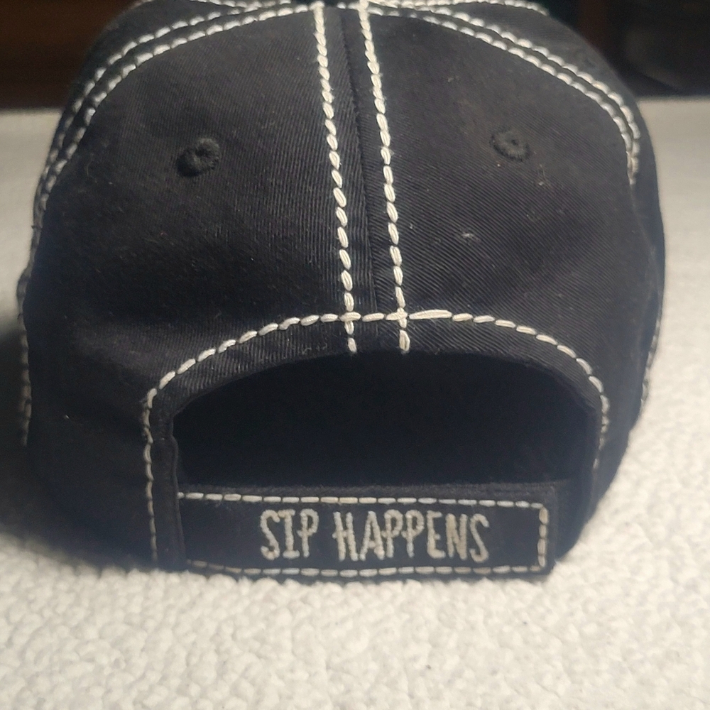 Black Distressed Cap w/ Embroidered Patch Design "Sip Happens" - Women's Size OS - Picture 5 of 7